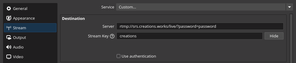 OBS streaming settings showing Server URL with password parameter and Stream Key set to username
